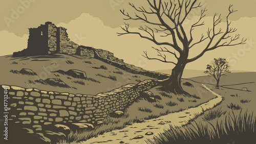 Ancient stone wall and castle ruins on hillside with barren tree, evoking sense of history and solitude
