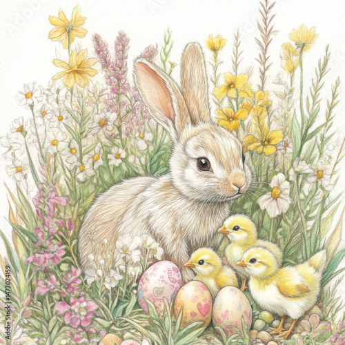Easter bunny hides eggs, so adorable and lovely in flower garden