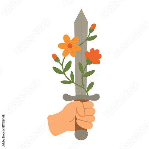 Cartoon hand holding sword with blooming flowers, symbol of beauty, strength and peaceful power.