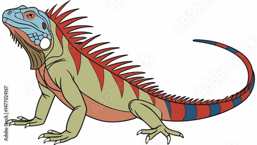 Colorful iguana with vibrant red and blue spikes, showcasing its unique features and lively appearance