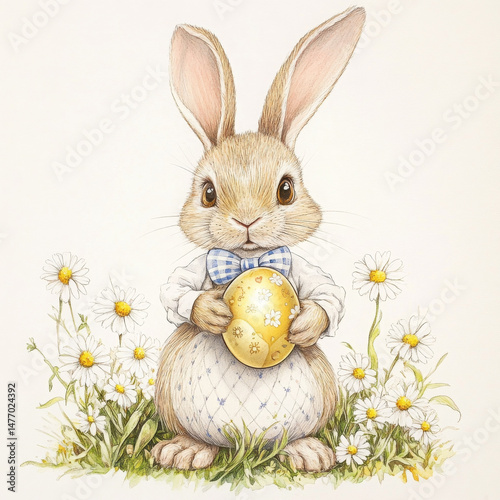 Delightful bunny in bow tie holds gold easter egg looking charming