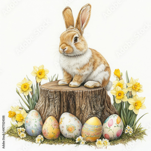 Delightful Easter bunny sits on stump, looking cheerful with colorful eggs