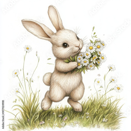 Playful Easter bunny with daisy garland radiates spring joy