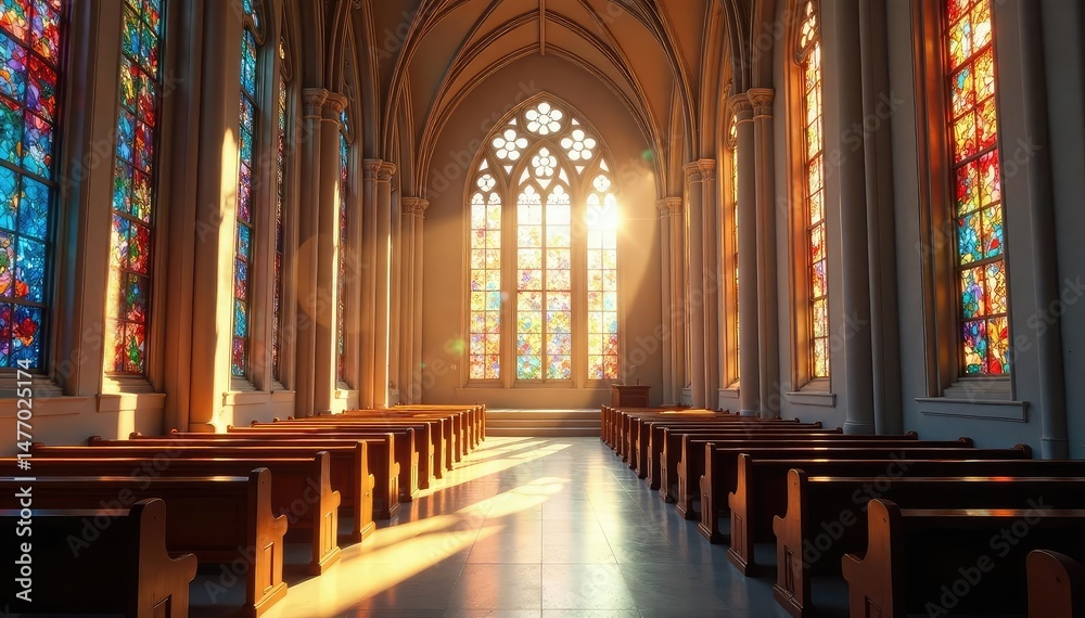 Fototapeta premium A modern church sanctuary, bathed in sunlight streaming through stained glass windows , cathedral, soul, calm