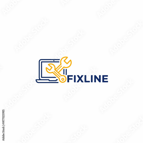 Laptop repair service logo with wrench tools