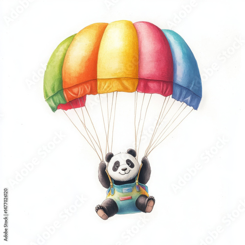 Joyful animal toy with colorful parachute floating happily in air