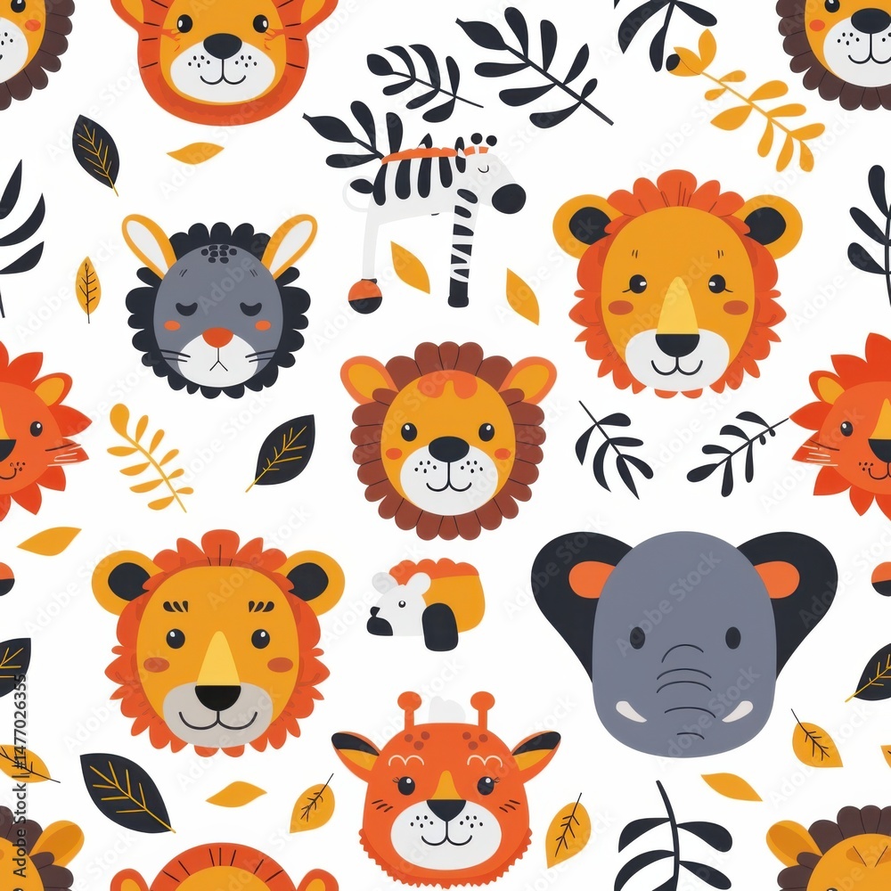 Fototapeta premium seamless pattern of African animal faces icons, lion, giraffe, zebra, elephant, flat vector design