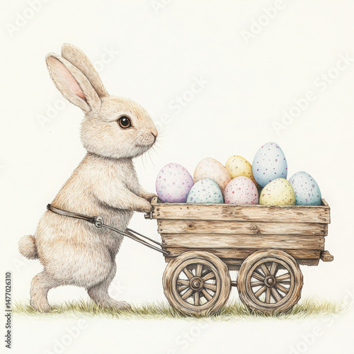 Vintage style Easter bunny pulling wagon looks cheerful What beautiful scene