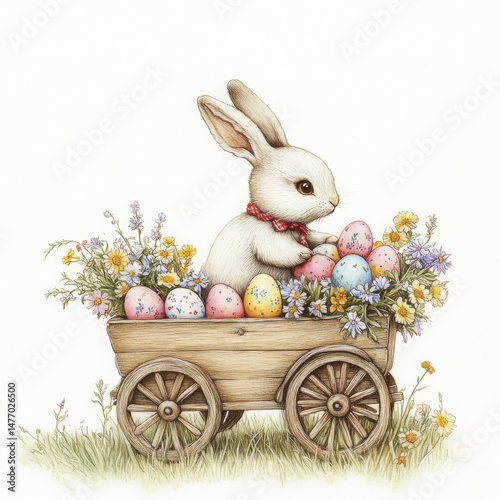 Bunny delivers eggs with joy in wooden wagon, it vintage Easter celebration