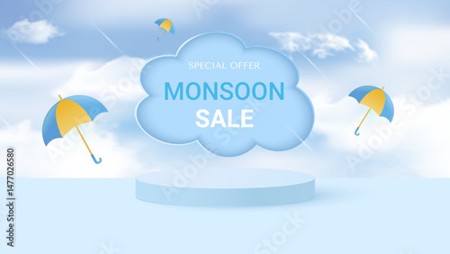 Cylindrical podium for displaying products during the rainy season. Design with realistic clouds and colorful umbrellas. Place for text. Vector