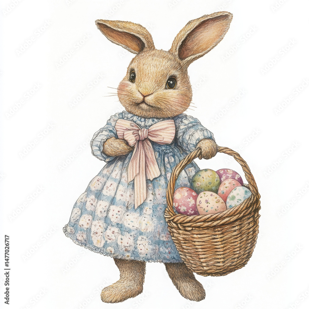 Obraz premium Vintage easter bunny in pastel dress looks adorable carrying basket