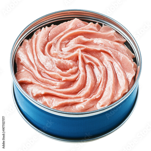 Canned tuna in oil, a detailed shot showcasing the swirling texture and colors with isolated presentation photo