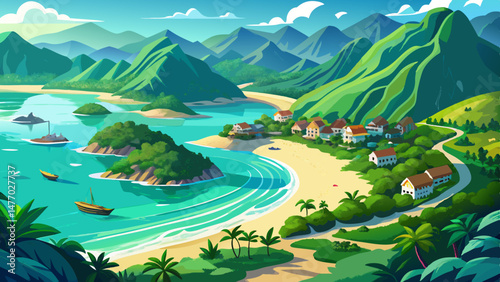 Aerial View Cu Lao Cham Island, Da Nang, Vietnam: Lush Mountains, Sandy Beach, Turquoise Sea ,Very beautiful,