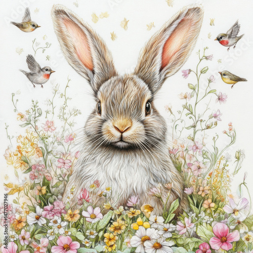 Whimsical Easter bunny with flowers exudes joy and spring happiness