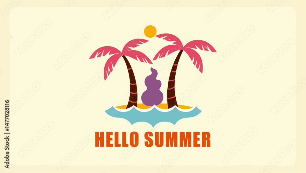 Fototapeta premium Minimal flat illustration of a summer scene with palm trees, sun, ocean, and the phrase