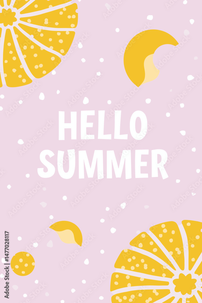 Fototapeta premium Flat vector design with the phrase 'Summer Vibes' in pink and orange text, above stylized sea and sand background.