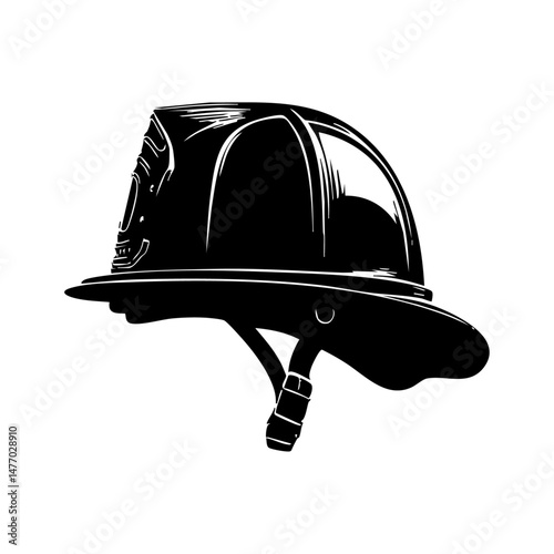 Isolated black silhouette of a firefighter helmet with strap detail.


