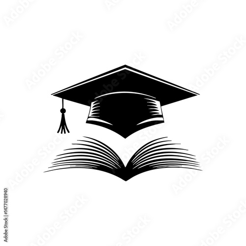 A symbolic black silhouette of a graduation cap hovering above an open book.

