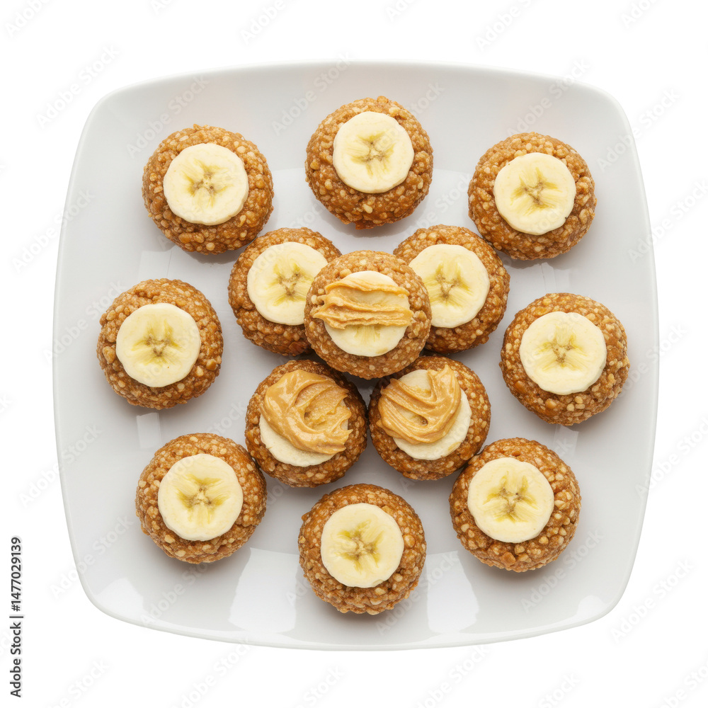 Delicious homemade banana oatmeal cookies arranged on a white plate Delicious homemade banana oatmeal cookies arranged on a white plate
