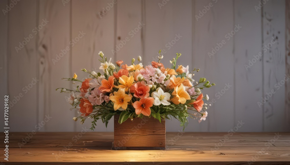 Delicate spring bouquet, warm lamp glow, rustic wooden surface , table, light, nature Delicate spring bouquet, warm lamp glow, rustic wooden surface , table, light, nature