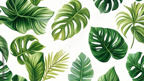A seamless pattern of lush, green tropical leaves creates a vibrant and tranquil botanical design.