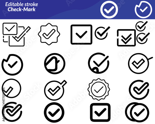 A Check Mark icon set with icons featuring checkboxes, tick marks, approval badges, lists, completed tasks, and validation symbols—ideal for apps, forms, UI design, and presentations.
