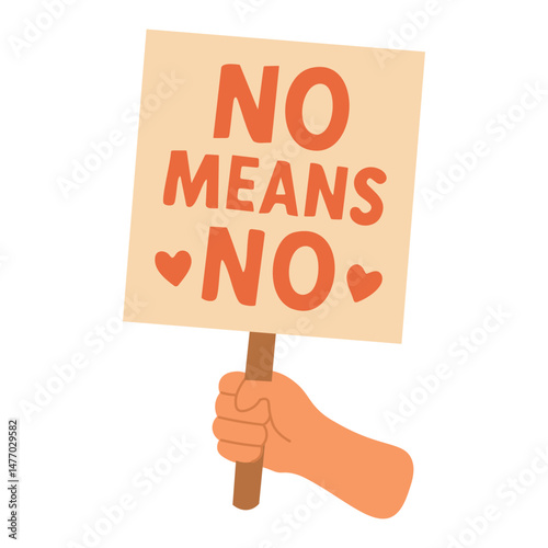 Cartoon hand holding protest sign with feminist slogan, symbol of boundaries, voice and resistance.