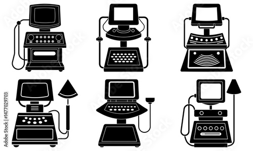 Illustration of six ultrasound machines with screens and control panels in black and white vector format