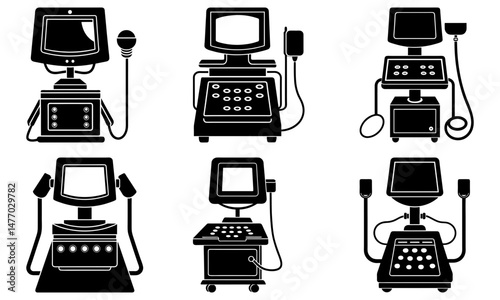 Illustration of six medical ultrasound machines in black silhouettes with different designs and screen shapes