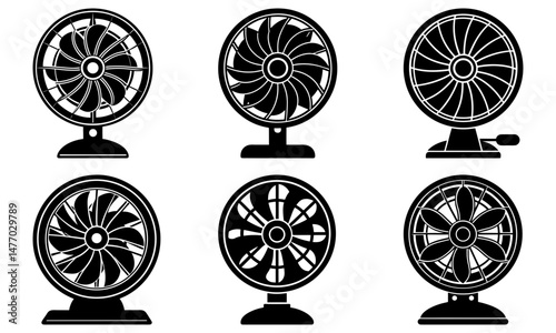Collection of six black and white illustrations of different table fans with varying designs and styles