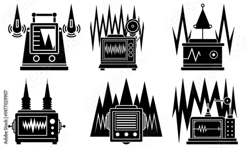 Illustration of six different black and white science machines with various displays and backgrounds present