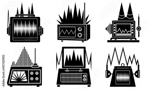 Collection of six futuristic devices with screens displaying wave patterns and antenna designs shown in black
