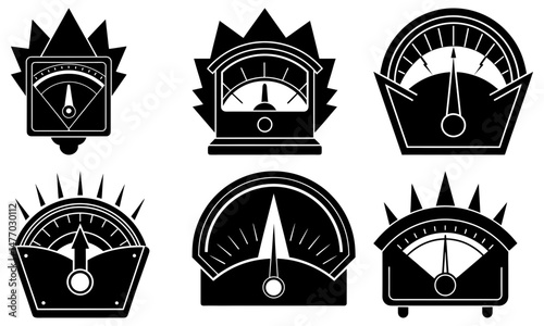 Illustration of six different black and white gauges with needles pointing in various directions shown here