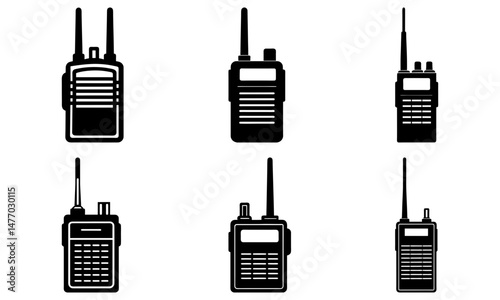 Illustration of six black and white walkie talkies with antennas in a simple vector style