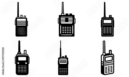 Illustration of six black and white walkie talkies with antennas in a symmetrical arrangement