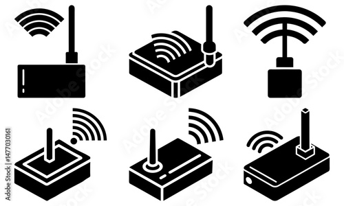 Illustration showing six wireless router devices with antennas and signal waves in black and white