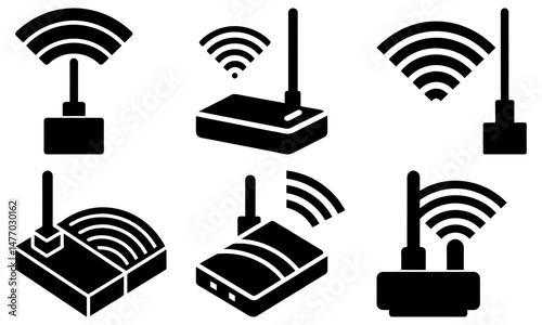 Illustration of six wireless routers with antennas emitting wifi signals in black and white style