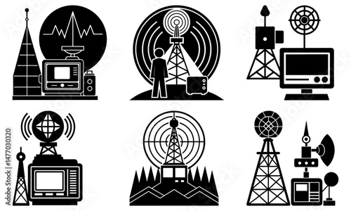 Six communication technology icons featuring towers, screens, and signal representations are shown here