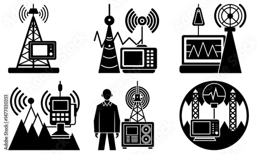 Illustration of communication towers with antennas and electronic devices in black and white style design