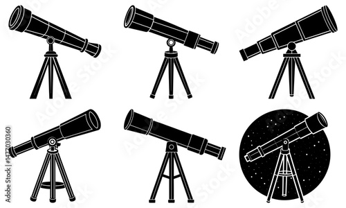 Illustration of six black and white telescopes with tripods, one against a starry night background view
