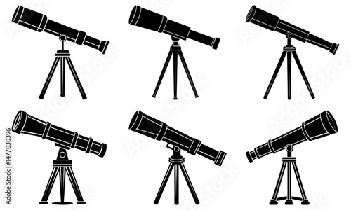 Six black silhouette illustrations of telescopes on tripods against a white background display astronomy