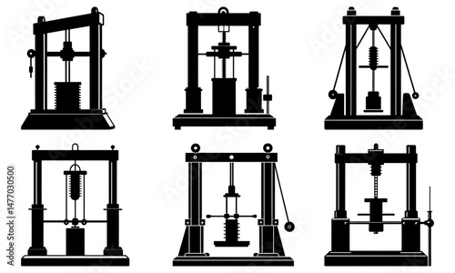 Illustration showing six different types of tensile testing machines in black silhouette style design