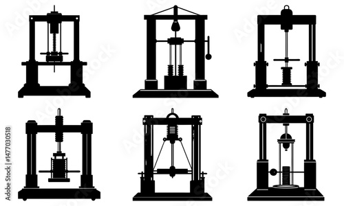Six black and white illustrations of different types of tensile testing machines in a structured arrangement