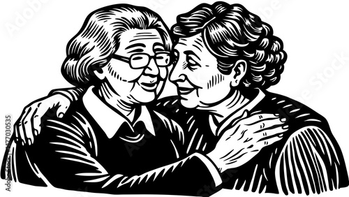 Elderly lesbian couple embracing and smiling together during Pride Month  
