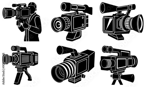 Illustration showing a collection of vintage video cameras in black and white silhouette style art