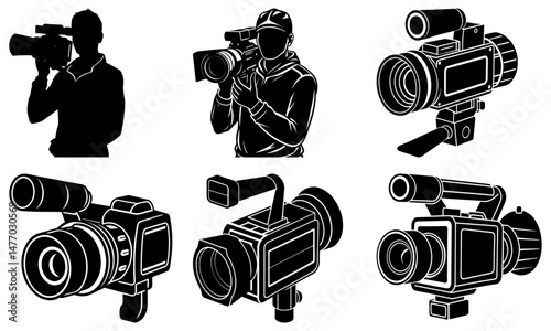 Illustrative set featuring silhouette figures holding video cameras and camera equipment views in black and white