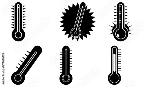 Illustration of six black thermometers showing different temperature levels and designs in a grid layout