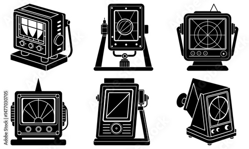 Illustration showing a collection of black and white radar screens in various styles and orientations