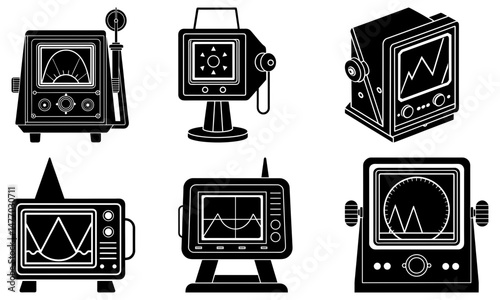 Collection of six vintage style monitors showing different waveforms and graphical displays in black and white