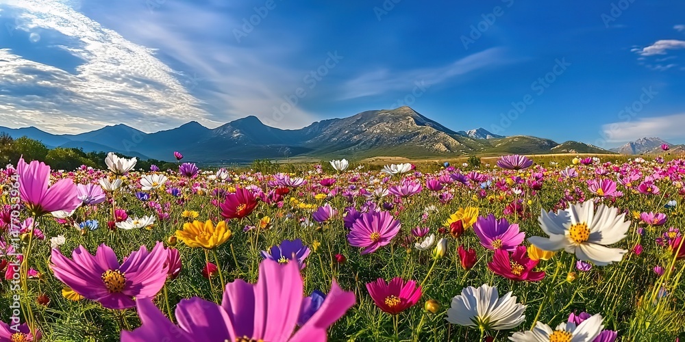 Obraz premium A vibrant flower field with pink, purple, yellow blooms stretching toward distant mountains under a clear blue sky.